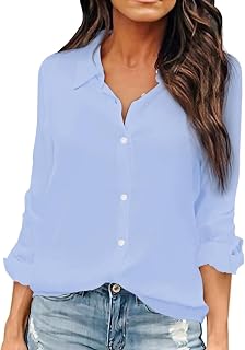 OMSJ Women Button Down Shirts Long Sleeve Chiffon Office V Neck Casual Business Blouses Tops