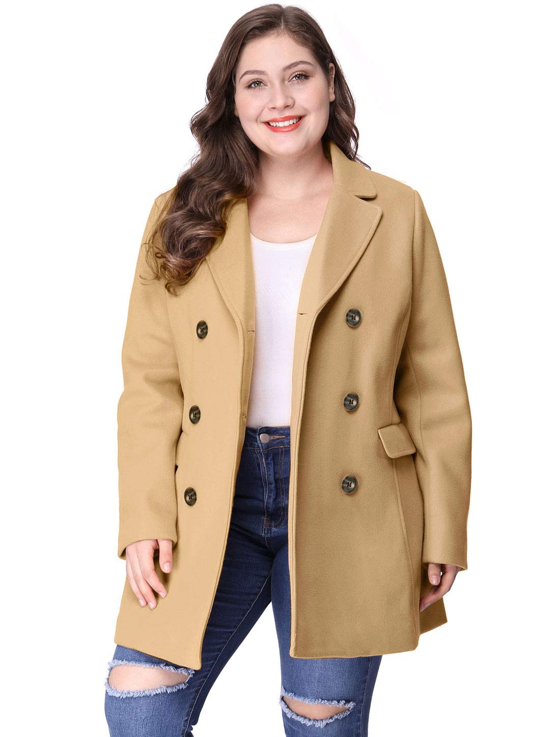 Agnes Orinda Women Plus Size Notched Lapel Double Breasted Pea Coat