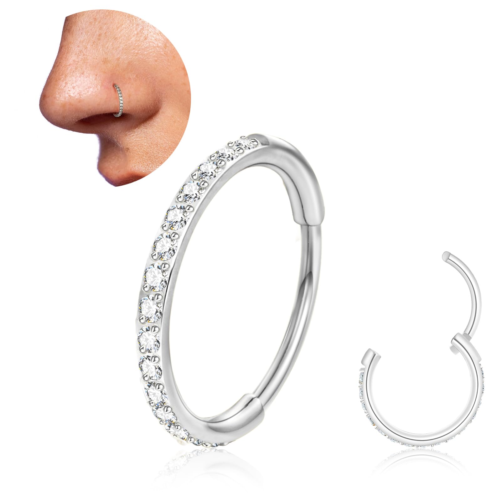 20G Titanium Nose Ring Hoop, Cartilage Hoop Earrings for Women Men, Hinged Silve
