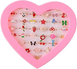 Chrontier 36 pcs Adjustable Rings Set Little Girls Cute Colorful Rings Dress up Jewelry Kids Gifts Princess Jewelry Toy Finger Rings Pretend Play Rhinestone Ring Box