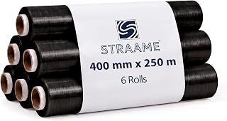 Straame Pallet Stretch Wrap 400mm x 250m, 17 Micron Black Film, 6 Roll Pack | Sticky cling side and strong stretch force wrap firmly around boxes, pallets and furniture during moving, storage and transit