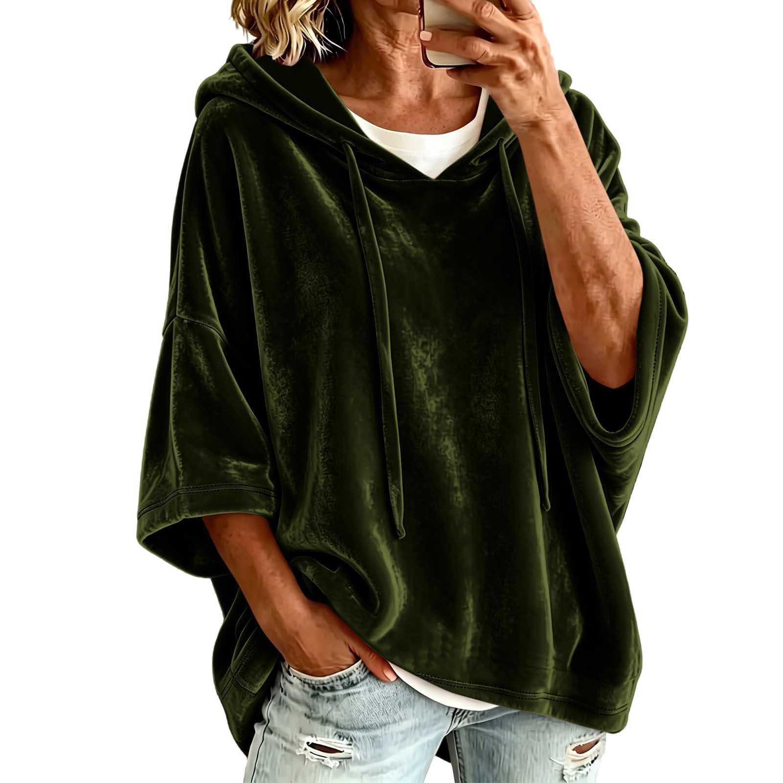 3/4 Sleeve Velvet Hooded Shirts Women Fall Baggy Pullover Tops | Drop Shoulder O