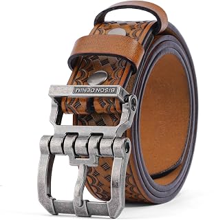 BISON DENIM Men's Genuine Leather Casual Belt, Classic Western Cowboy Dress Belts
