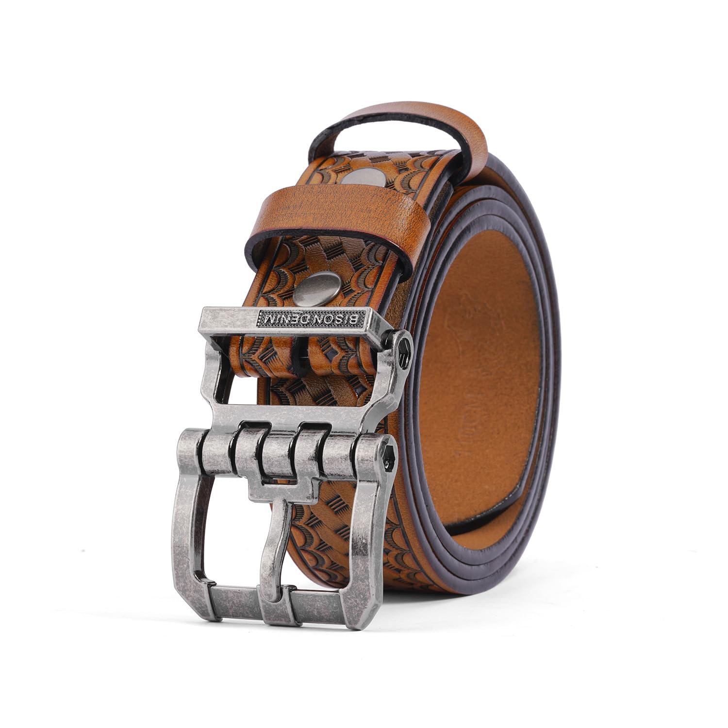 BISON DENIM Men's Genuine Leather Casual Belt, Classic Western Cowboy Dress Belt