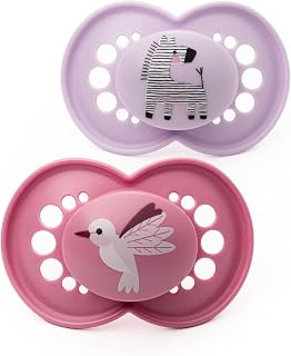 MAM Original Dummies, 18-36M, 2 Pack, Orthodontic Design, Pink/Purple | SkinSoft Silicone Teat, Comes in Dummy Steriliser Case, Sustainable Materials, Baby Accessories (Designs Vary)
