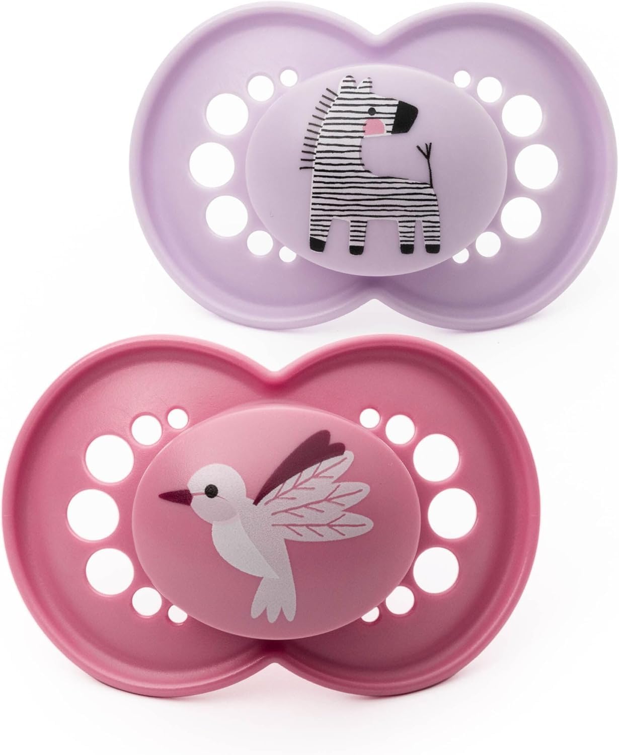 MAM Original Dummies, 18-36M, 2 Pack, Orthodontic Design, Pink/Purple | SkinSoft