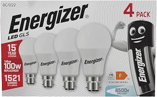 Energizer B22 Bayonet Light Bulbs, 1521lm, Daylight White 6500K, 4 Pack | Very bright 1521-lumen B22 bayonet LED bulbs with crisp daylight white 6500K light; 100W equivalent and non-dimmable.