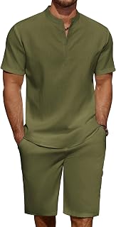 COOFANDY Mens 2 Pieces Linen Set Casual Henley Shirts Beach Pants Outfits