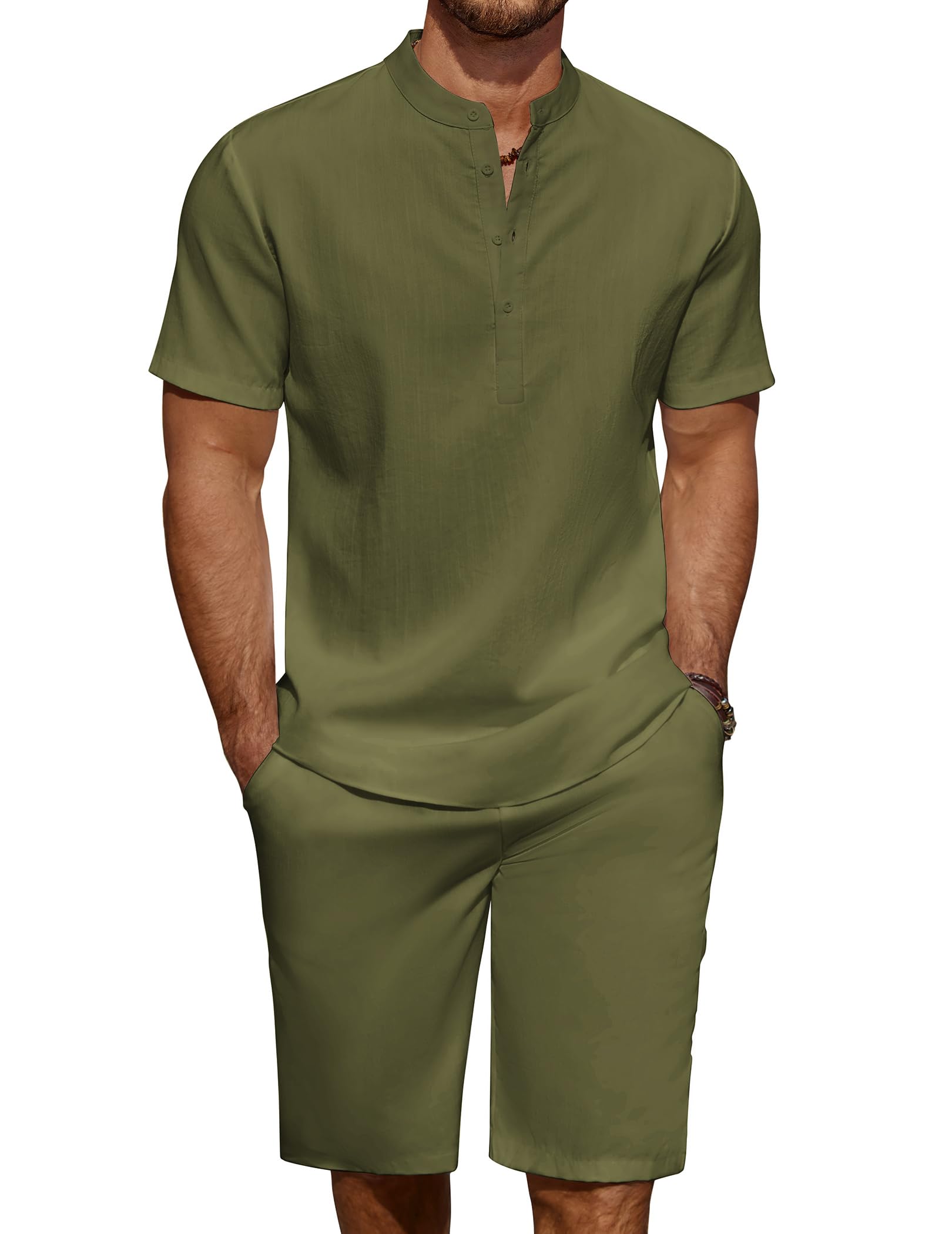 COOFANDY Mens 2 Pieces Linen Set Casual Henley Shirts Beach Pants Outfits