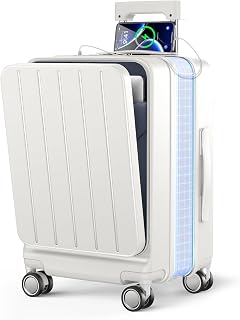 BARGOHOY Suitcase, Front Opening, Carry Case, Expansion Function, Ultra Lightweight, USB Port, TSA Lock, Quiet Double Casters (White, L / 95L (7 Night - Long Trip))