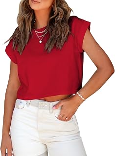 Tankaneo T-shirt corta da donna a maniche corte estive arrotolate manica Dolman Crop Top casual girocollo tinta unita t-shirt di base corte, 18-rosso, M