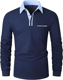 Fashion Polo Men's Long Sleeve Cotton Golf Shirt Outdoor Casual T-Shirt with Pocket