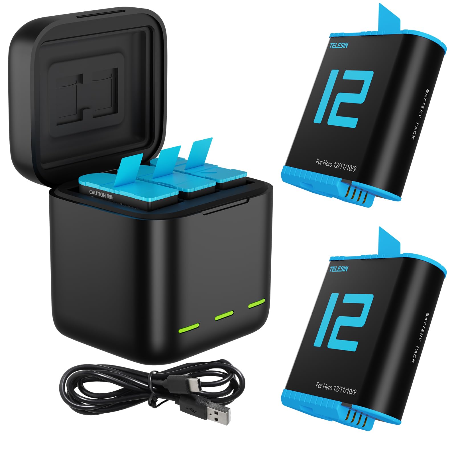 TELESIN 2 Batteries + Triple-Slot Charger for GoPro Hero 12/11/10/9 | Compact US