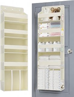 Beige Over-the-Door Nursery Organizer for Baby Stuff and Infant Essentials | Equipped with 1 Large Caddy, 4 Storage Bins&10 Mesh Side Pockets, Closet Organizer for Newborn Baby Supplies & Diaper Storage