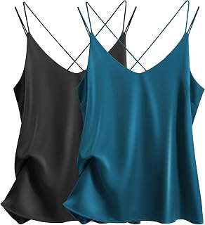 Ekouaer Women's Silk Satin V Neck Spaghetti Straps Criss Cross Back Sleeveless Tank Top