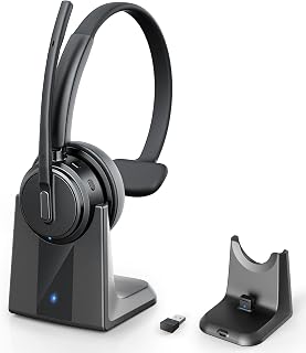 Wireless Headset with Mic for Work, Bluetooth Headset Noise Canceling Mic | Charging Base & USB Dongle Included | One-Key Mute | Ideal for Home Office, Call Center, Trucker-Black