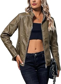 Bellivera Women's Faux Leather Short Jacket Belted Moto Casual Coat with Two Zipper Pockets
