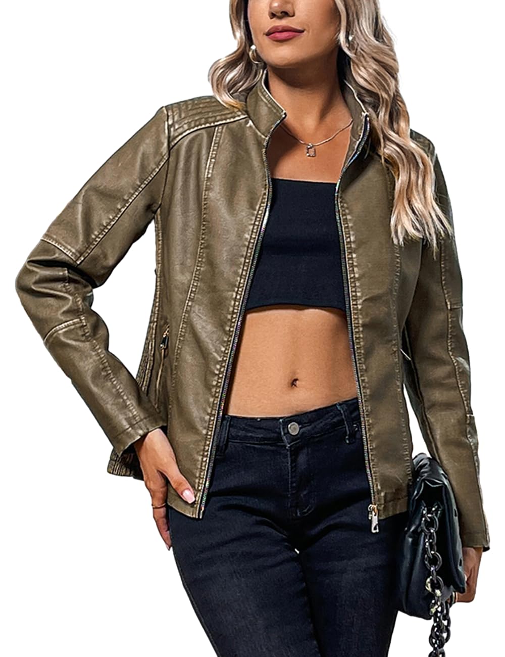 Bellivera Women's Faux Leather Short Jacket Belted Moto Casual Coat with Two Zip