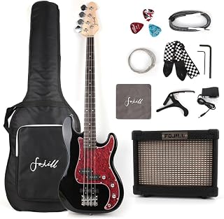 Fojill Full Size 4 Four String Electric Bass Guitar 10W Battery Power Bluetooth Amplifier Amp Beginner Starter Kit Set Combo Bundle Package Accessory Bag,Strap,Picks,Capo,Cable,Strings(Black)