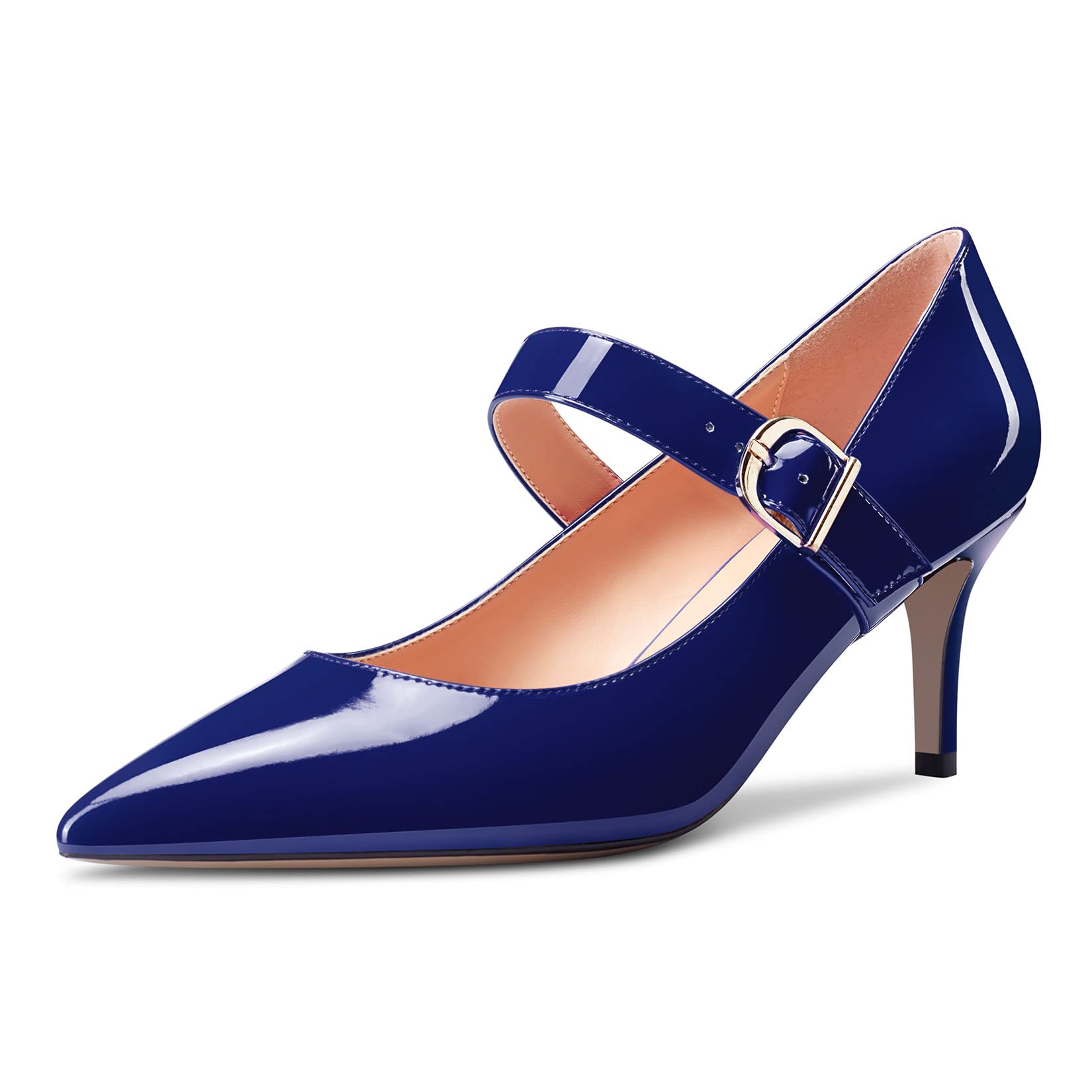 Saekcted Women's Stiletto Mid Kitten Heel Pointed Toe Pumps Mary Jane Slip-on Dr