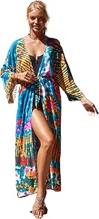 swimsuit coverup kimonos for women bird geometry print 3/4 sleeve kimono robe Loose Open Front Kimono duster
