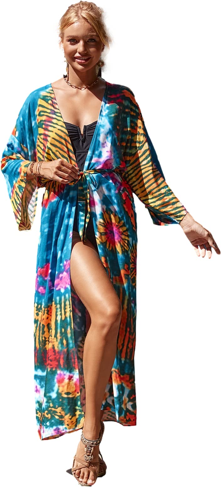 swimsuit coverup kimonos for women bird geometry print 3/4 sleeve kimono robe Lo