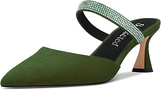 Saekcted Women's Chunky Block Medium Heel Pointed Toe Pumps Slip-on Diamante Crystal Casual Cute Slippers Fashion Shoes