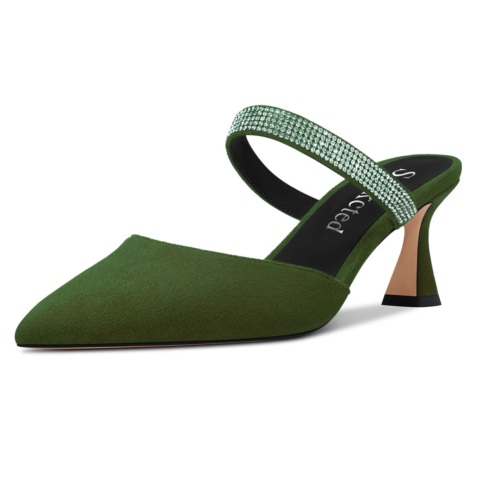 Saekcted Women's Chunky Block Medium Heel Pointed Toe Pumps Slip-on Diamante Cry