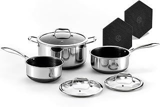 HexClad Hybrid Nonstick 6 Pc Pot Set & Trivets, 2, 3, and 8-Qt Pots & Lids | Stay-Cool Handles, Dishwasher and Oven Safe, Compatible with All Cooktops, Induction REady