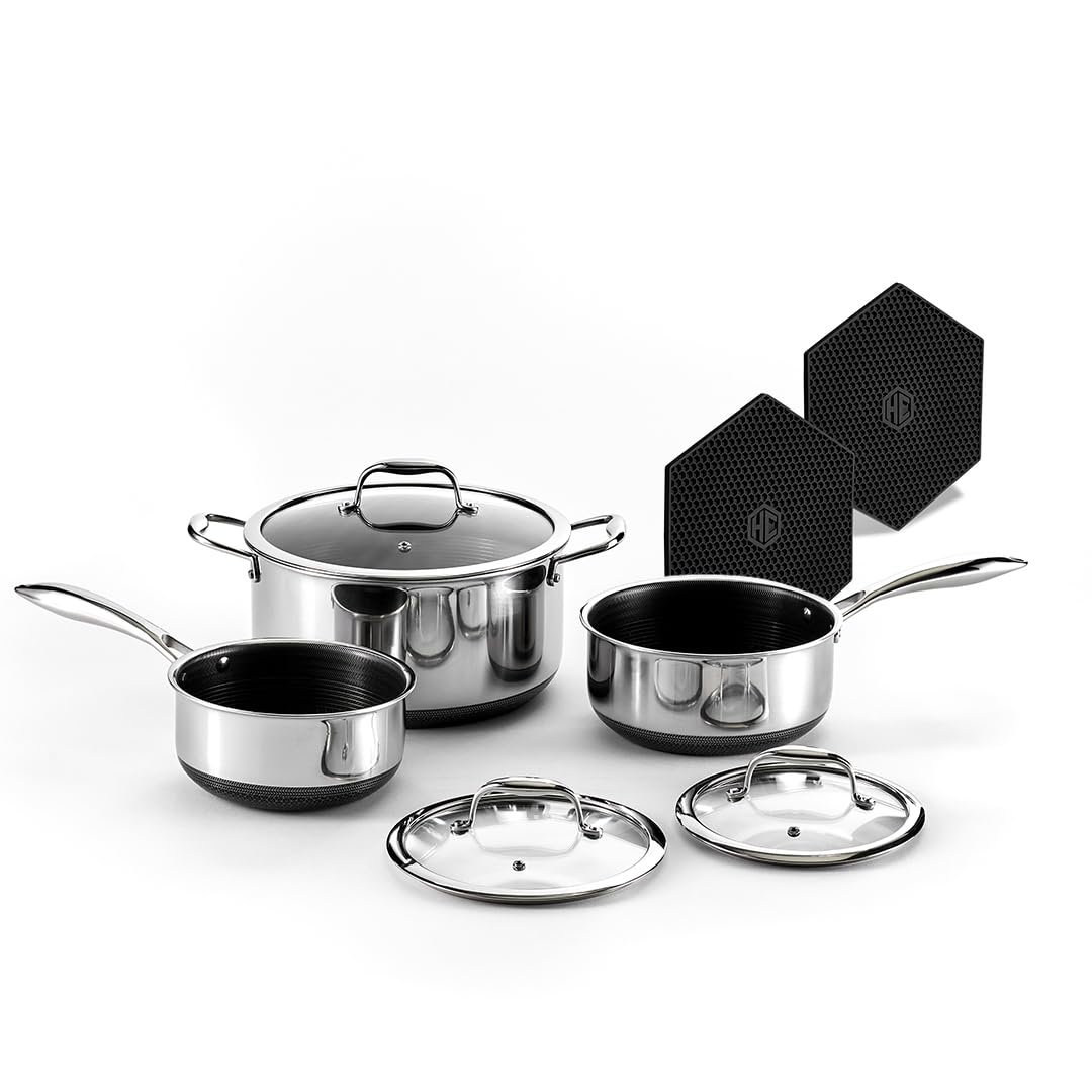 HexClad Hybrid Nonstick 6 Pc Pot Set & Trivets, 2, 3, and 8-Qt Pots & Lids | Sta