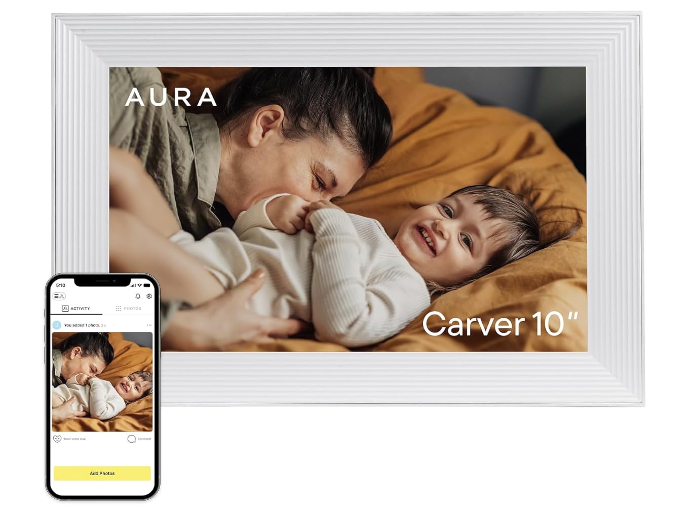 Aura Digital HD Picture Frame, Best Frame for Gifting, (10" - Carver Cool White)