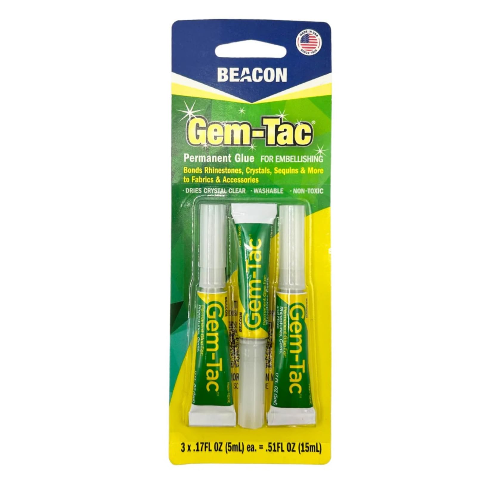 Beacon Gem-Tac Permanent Rhinestone and Gem Glue, Mini .17 oz, 3-Pack | Dries Cl