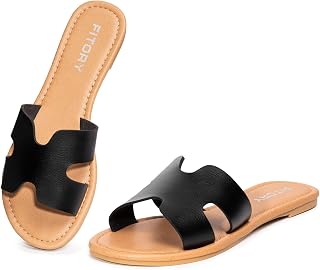 FITORY Women's Flat Sandals Slip On Leather Sliders Size 4-9