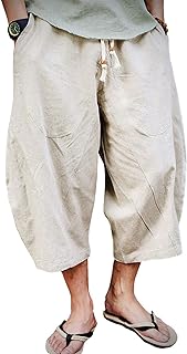 EKLENTSON Mens Cotton Linen Capri Pants Elastic Waist Drawstring Shorts