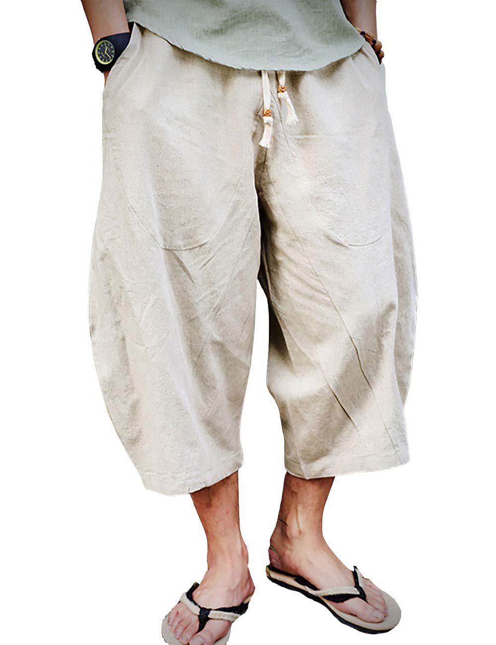 EKLENTSON Mens Cotton Linen Capri Pants Elastic Waist Drawstring Shorts