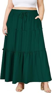 Moon Wood Jupe Longue Femme Ete Elastique Taille Haute Jupe Plissée avec Poches A-Ligne Maxi Skirt de Plage Grande Taille
