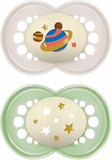MAM Original Glow-in-the-Dark Dummies, 6-18M, 2 Pack, Orthodontic Design | SkinSoft Silicone Teat, Comes in Dummy Steriliser Case, Sustainable Materials, Baby Accessories, Green/Grey (Designs Vary)