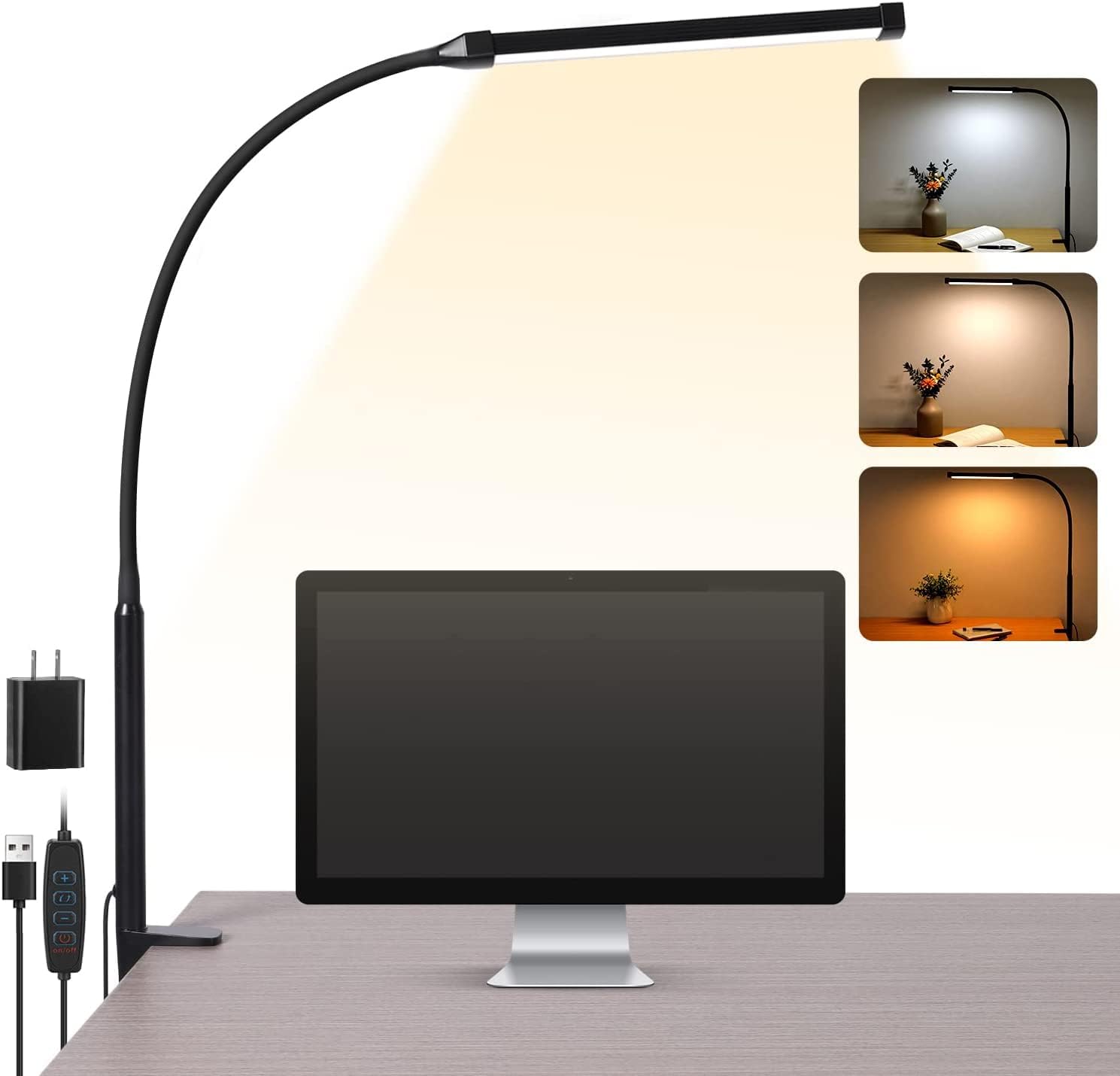Voncerus LED Desk Lamp with Clamp, Clip on Lights for Home Office, Black | 3 Mod