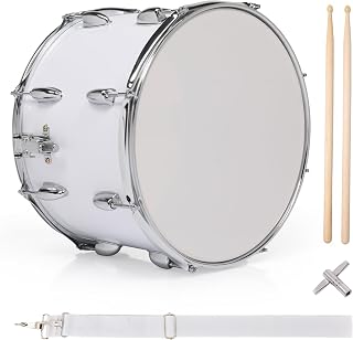 Ktaxon 14 x 10 inches Marching Snare Drum Pair of Drumsticks Included White | Poplar Wood Portable Marching Drum Set Suitable for Students, Beginners, Includes Key, Shoulder Strap