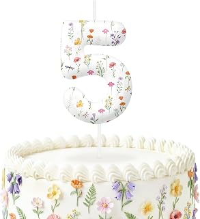 Wildflower Number Candles, Flower Birthday Candles, Floral Cake Topper for Spring Party Decorations, Boho Birthday Supplies for Girls Boys, Outdoor Picnic Rustic Nature Themed Cake Decorations (5)