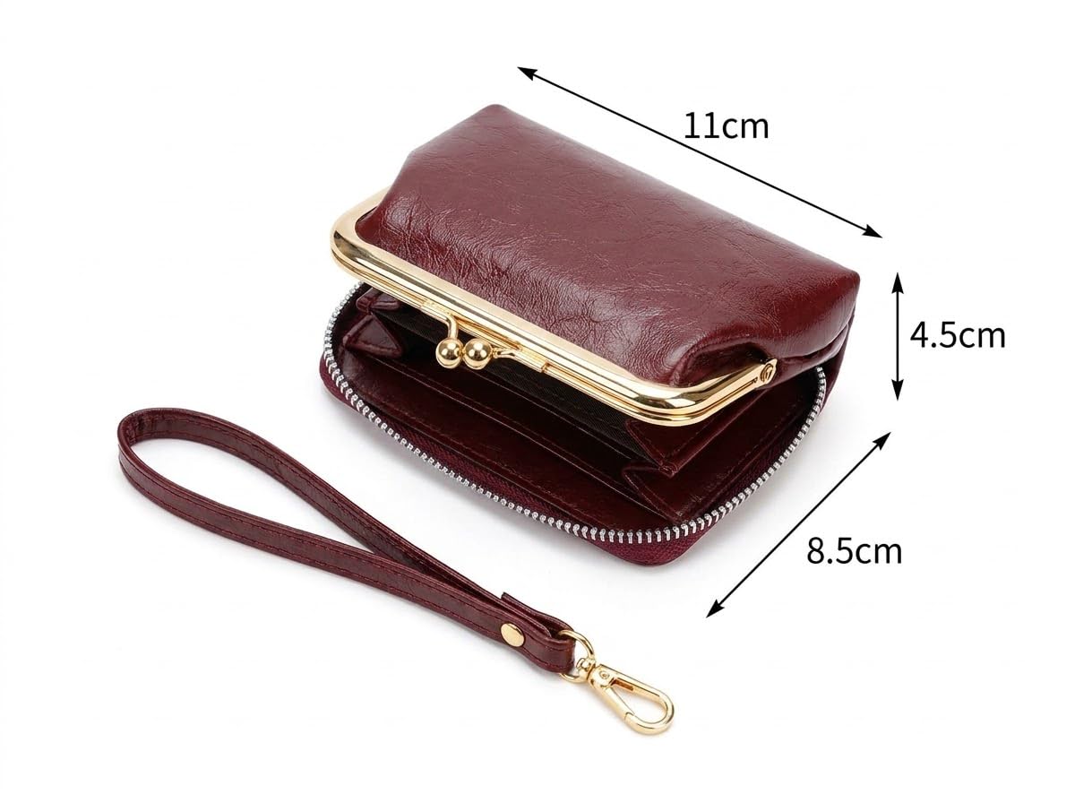 Ladies Classic Mini Wallet with Kiss Closure and Buckle, Gold Elements, Multi-Co