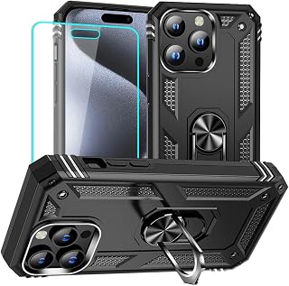 for iPhone 15 Pro Case, iPhone 15 Pro Phone Case with HD Screen Protector, Military Grade Protective Cases with Ring for iPhone 15 Pro (Black)