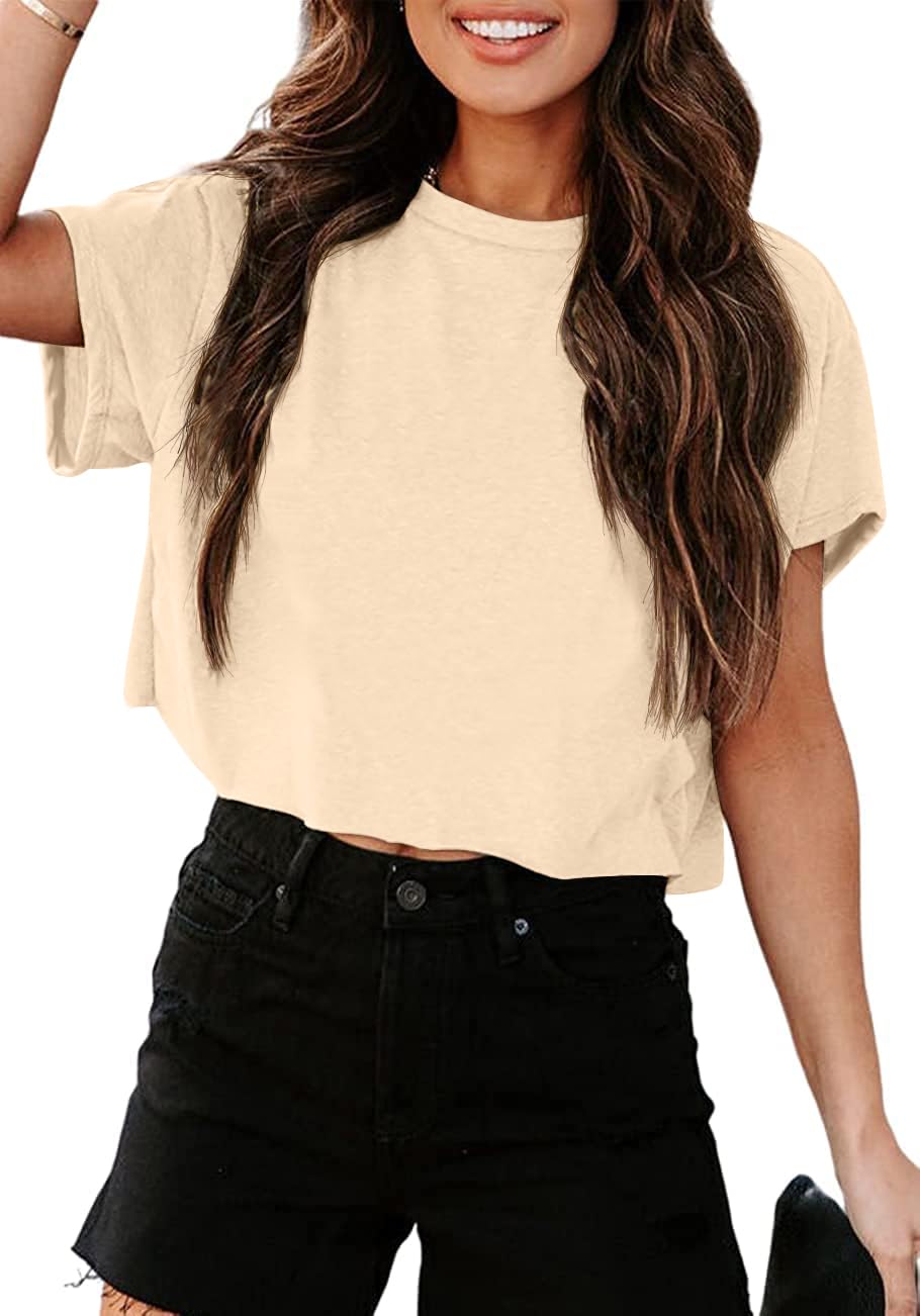 Tankaneo Women's Oversized Crop T-Shirt with Crew Neck