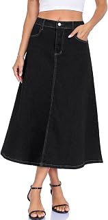 Denim Skirt for Women Strechy High Wasited A Line Casual Midi Jean Skirts with Pockets