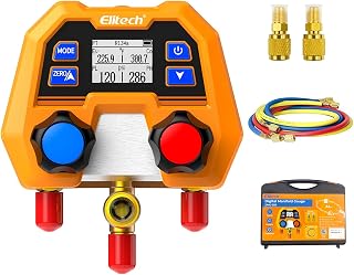 Elitech HVAC Digital Manifold Gauge Set DMG-2SE with Hoses &amp; R410A Adapters | 88 Refrigerants, ±1% FS Accuracy, P/T Calculation, Evap &amp; Cond Temp, HVAC/R &amp; Automotive AC Applications