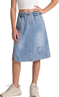 Happy Cherry Girls Denim Skirt Elastic Waist A-Line Jean Skirt Knee Length