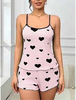 Ladies Satin Pyjamas 2 Piece Heart Print Top & Shorts Matching Soft Summer Pyjamas