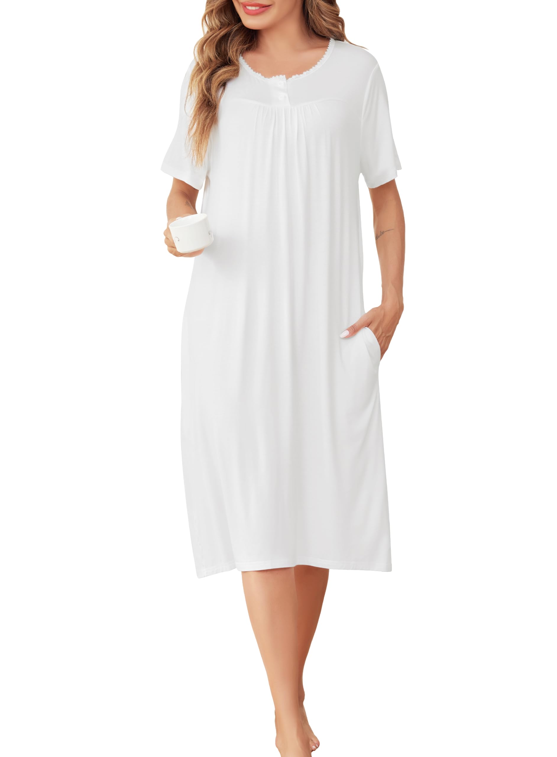 Sopesil Women's Nightdress Short Sleeve Nighties for women V Neck Soft Button Do