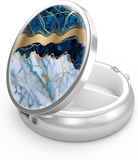 Pill Box 3-Compartment Medicine Case, Portable Metal Medicine Organizer, Unique Gift (Blue Cracked Marbling)