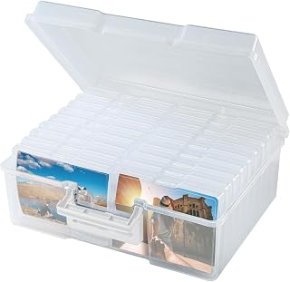 FAAYUCK Photo Storage Box for 5"x 7" Pictures, 18 Cases, Acid-Free, Clear | Extra Large Photo Boxes with Dividers, Photo Storage Container with Handle for Photo, Craft, Seed, Stamp, Classroom Supplies